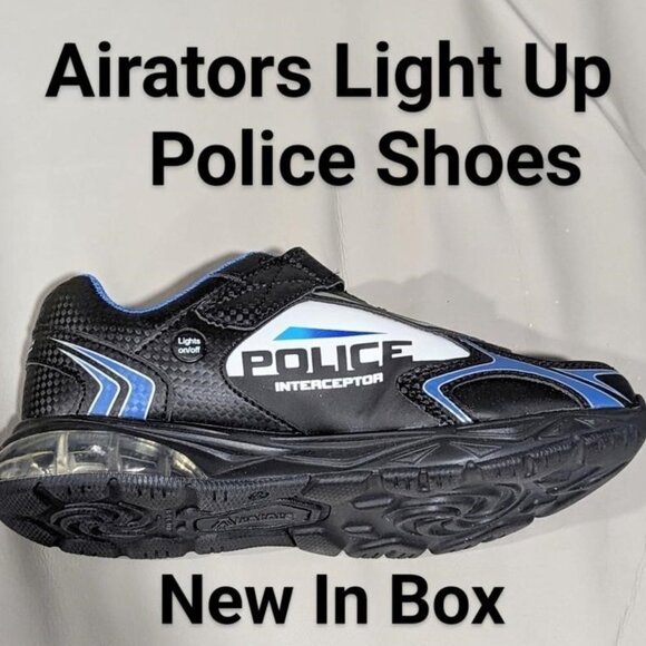 BOGO Airators Police LED Light Up Boys Blue & Blavk Sneaker Velcro Closure 3 4 - Picture 1 of 2